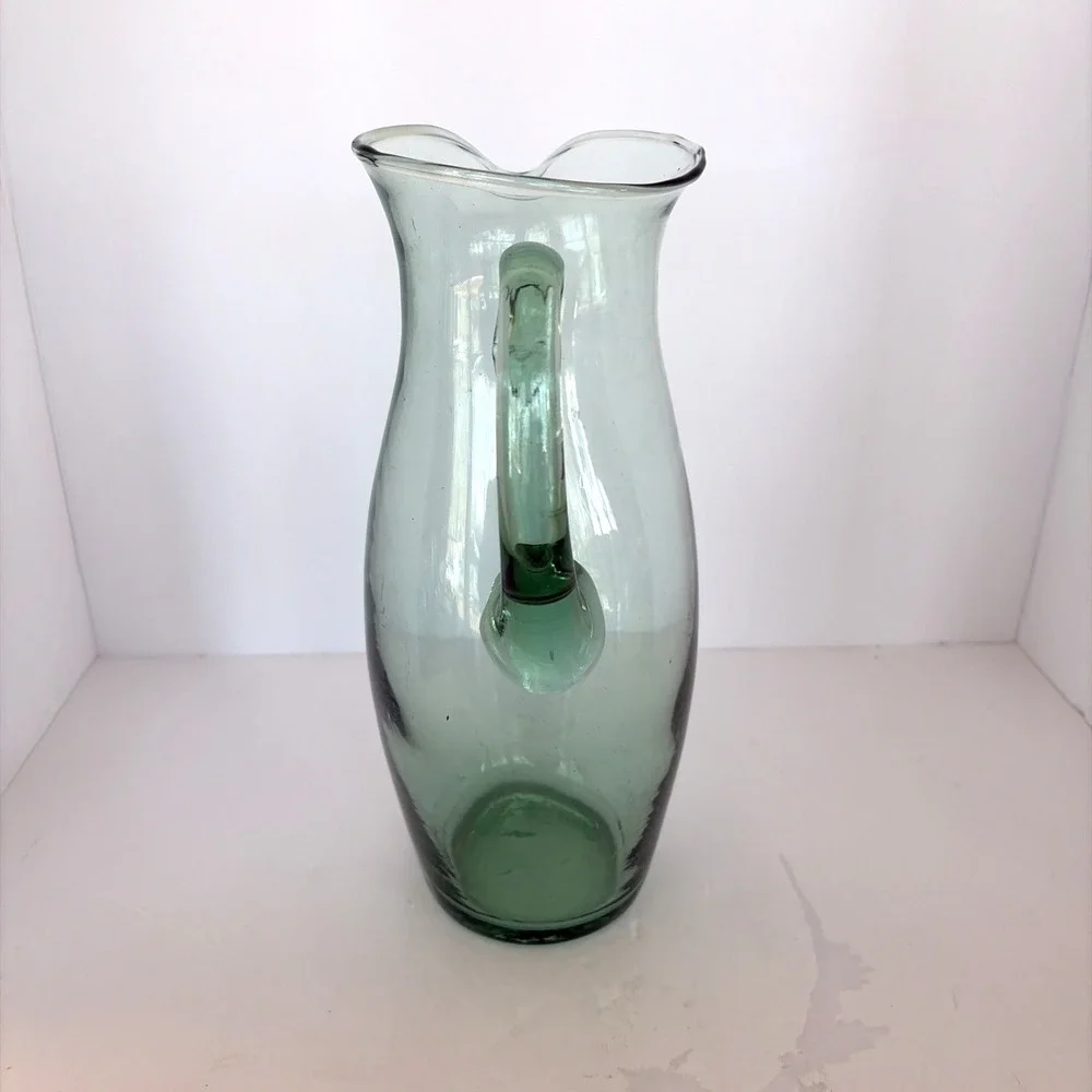 Water Pitcher Carafe with Handle Art Glass Hand Blown Jug Bubbles Green- VTG